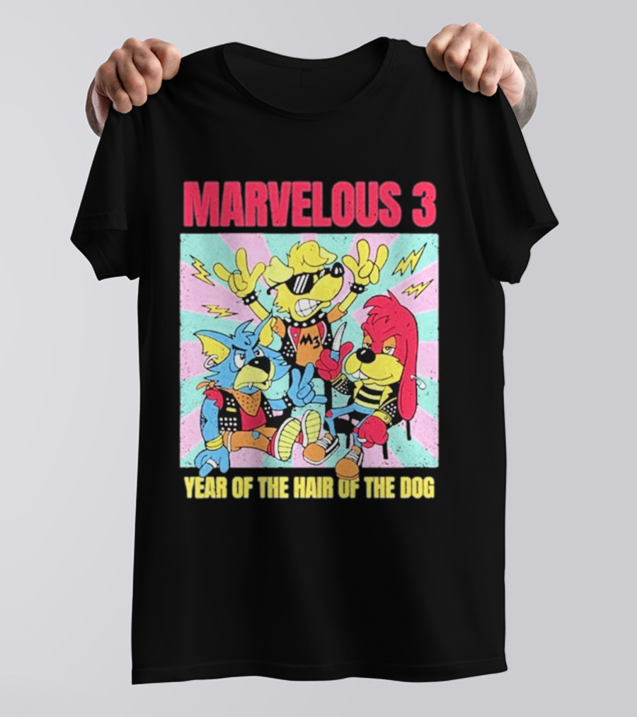 Marvelous 3 Year Of The Hair Of The Dog Cartoon Dogs With Punk Outfits And Sunglasses T-Shirt