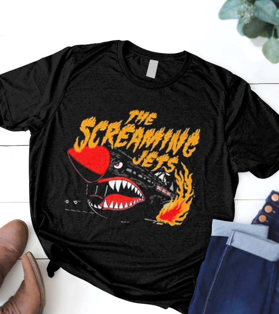 The Screaming Jets Flaming Jet With Fiery Cartoon Jet Fighter T-Shirt