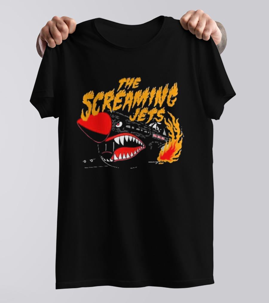 The Screaming Jets Flaming Jet With Fiery Cartoon Jet Fighter T-Shirt