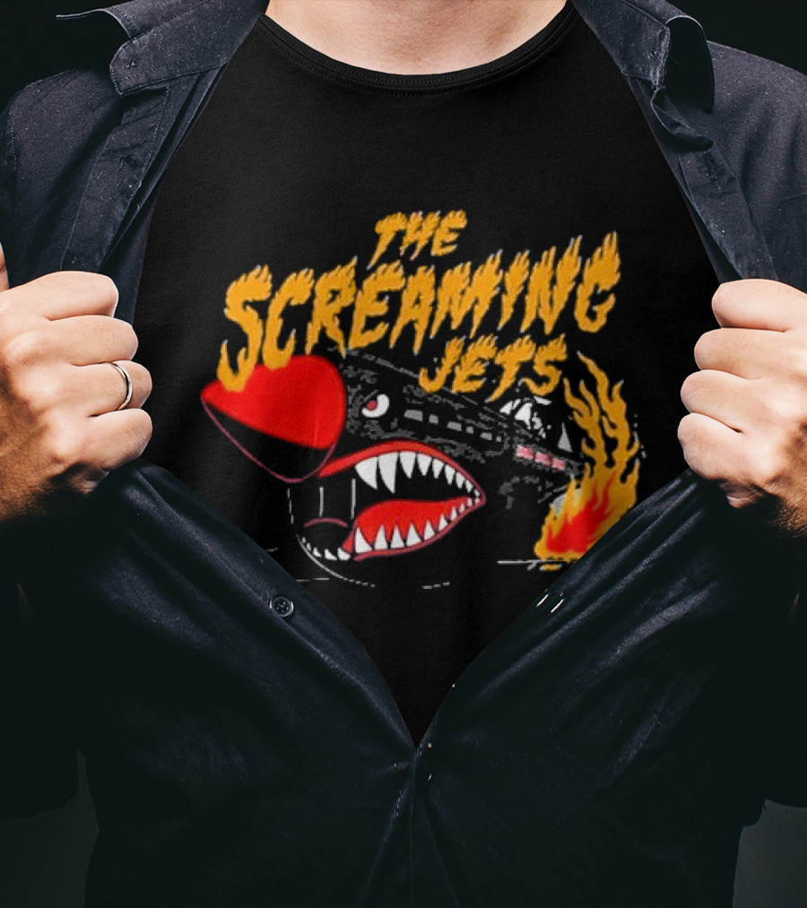 The Screaming Jets Flaming Jet With Fiery Cartoon Jet Fighter T-Shirt