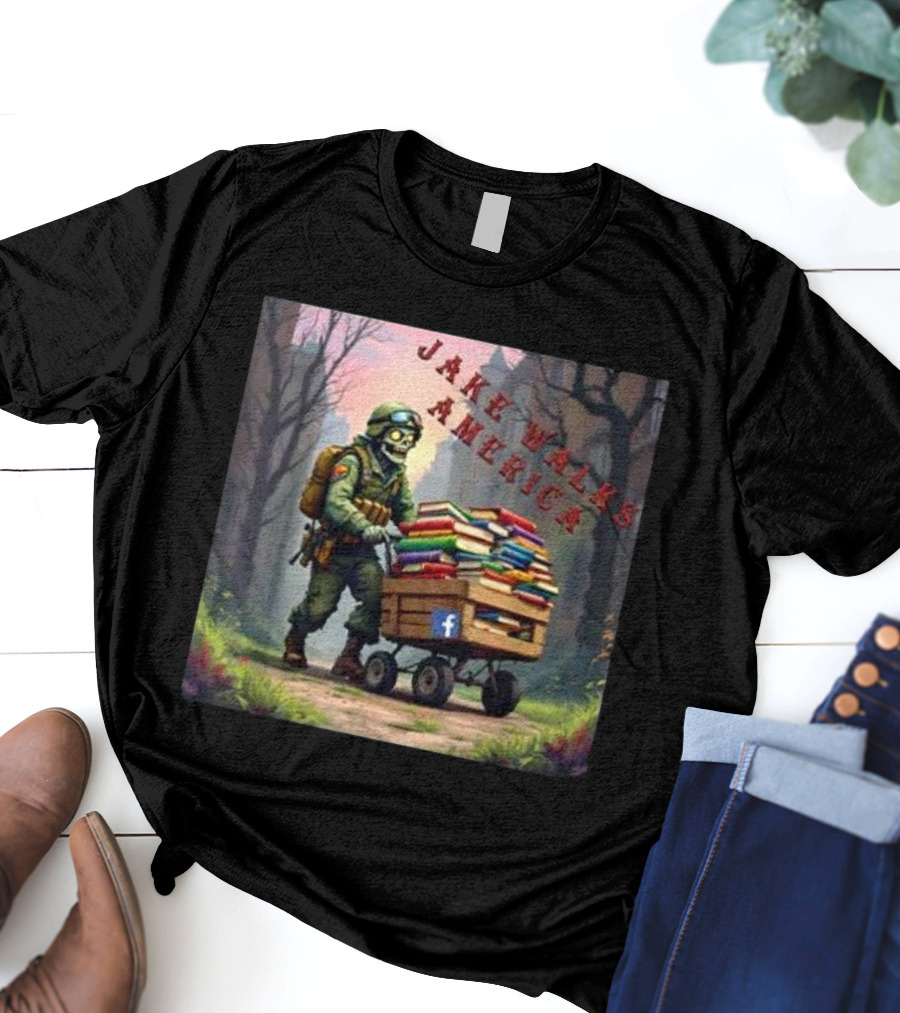 Zombie Soldier Pushing Book Cart Jake Walks America T-Shirt