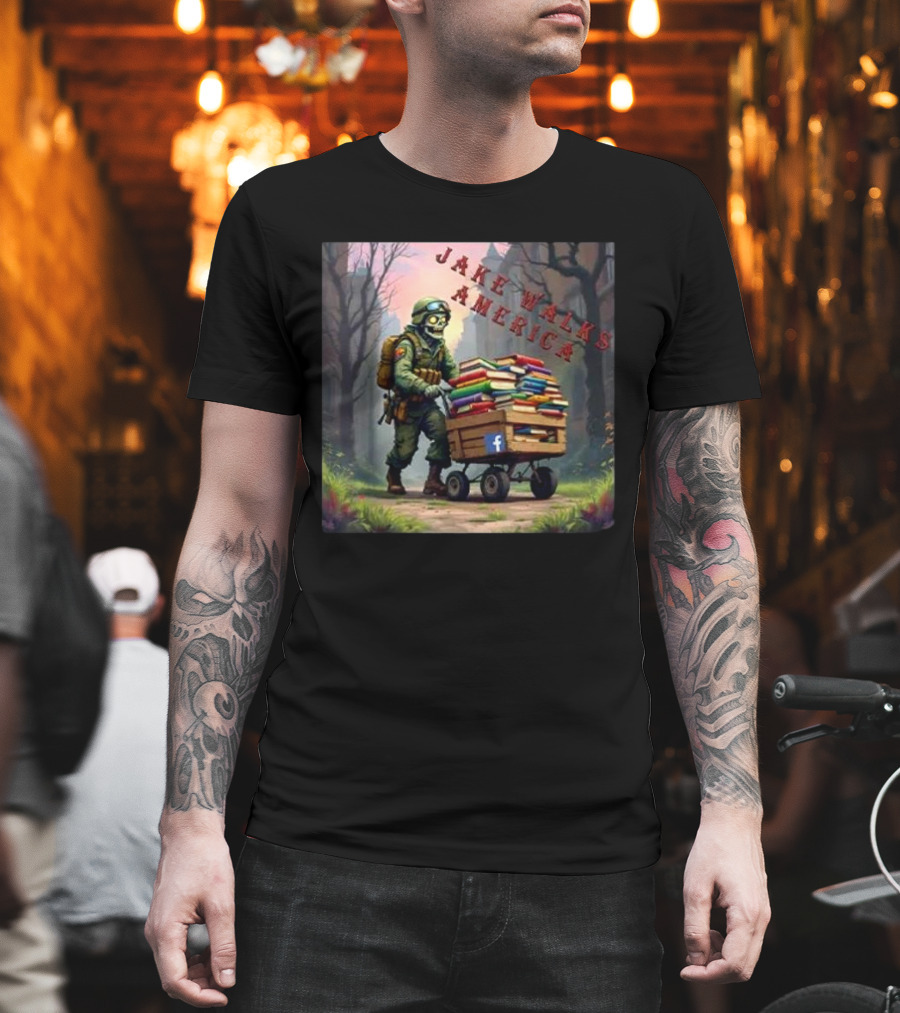 Zombie Soldier Pushing Book Cart Jake Walks America T-Shirt