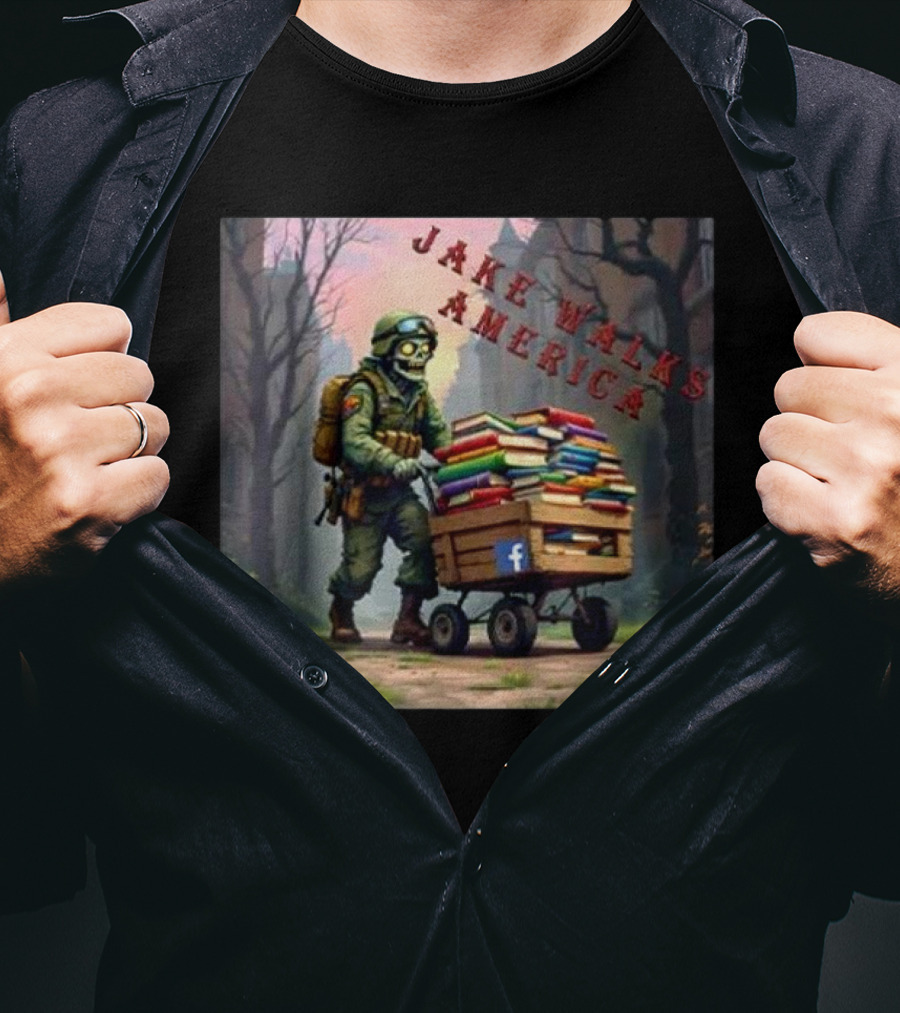Zombie Soldier Pushing Book Cart Jake Walks America T-Shirt