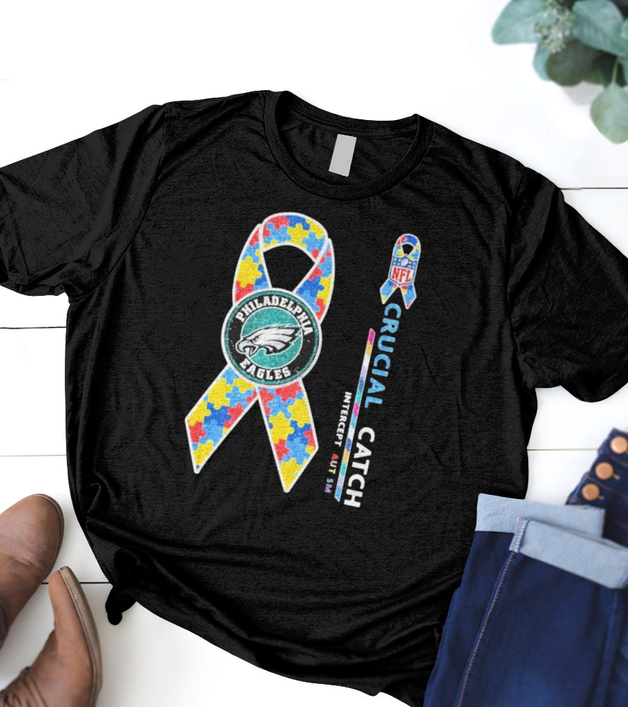 Philadelphia Eagles Autism Awareness Crucial Catch NFL Puzzle Ribbon T-Shirt