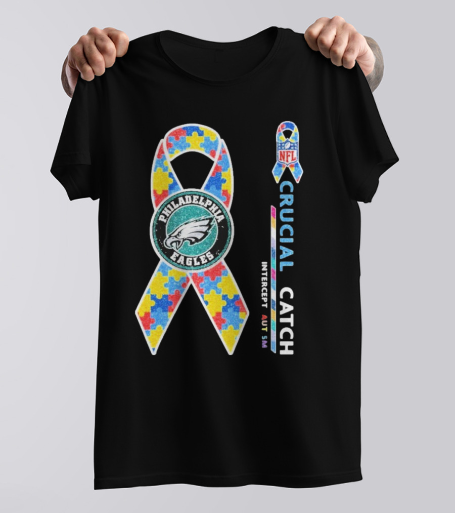 Philadelphia Eagles Autism Awareness Crucial Catch NFL Puzzle Ribbon T-Shirt
