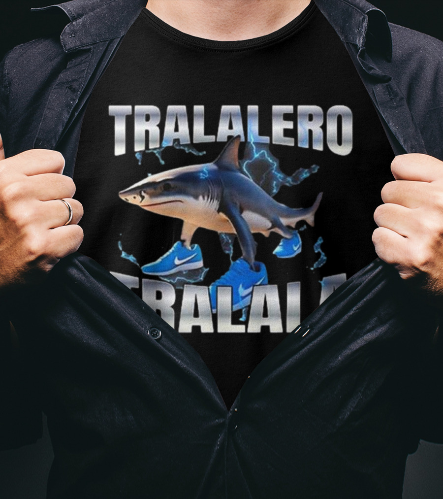 Tralalero Tralala Shark Wearing Blue Nike Shoes With Lightning T-Shirt