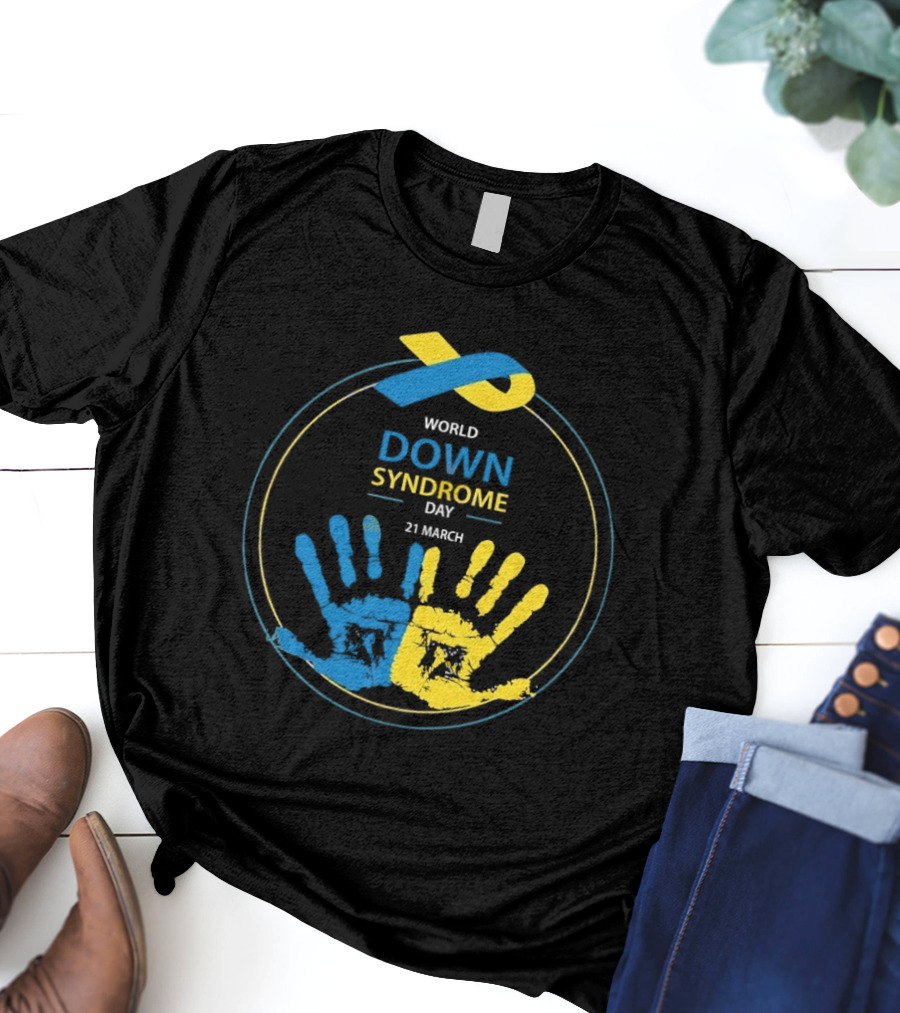 World Down Syndrome Day 21 March Blue Yellow Handprint Ribbon T-Shirt