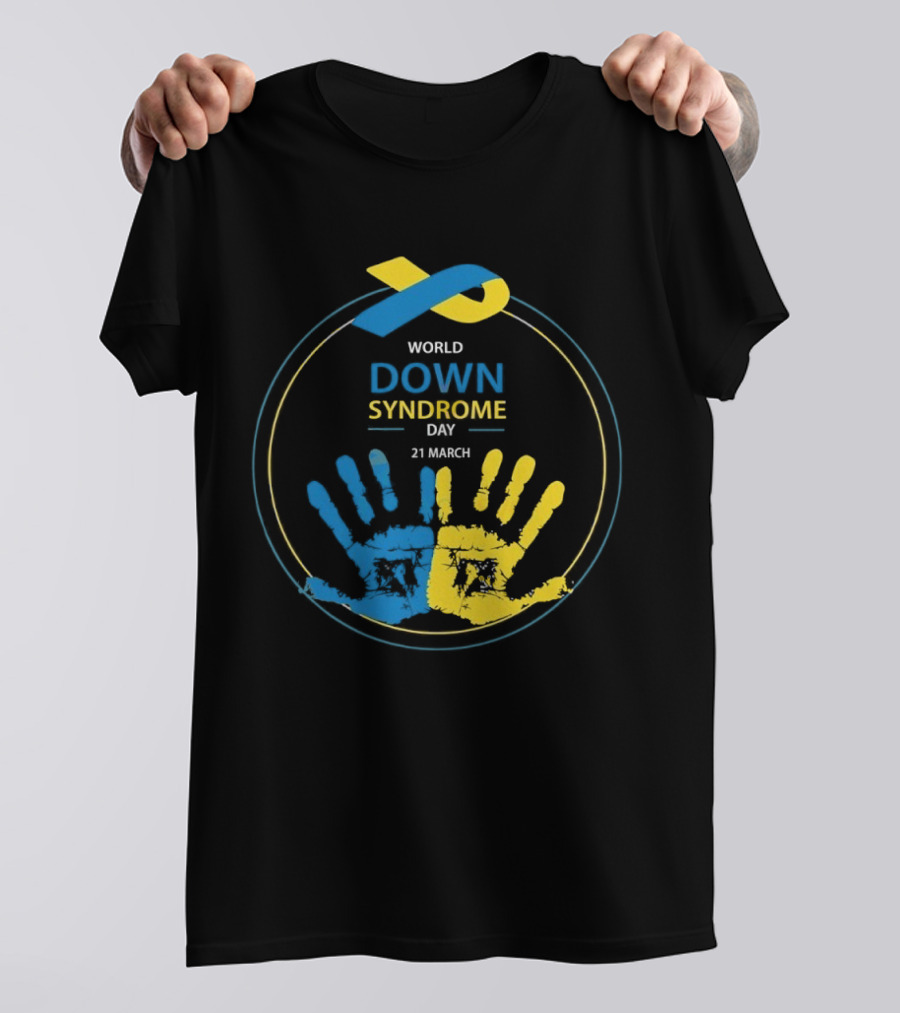 World Down Syndrome Day 21 March Blue Yellow Handprint Ribbon T-Shirt