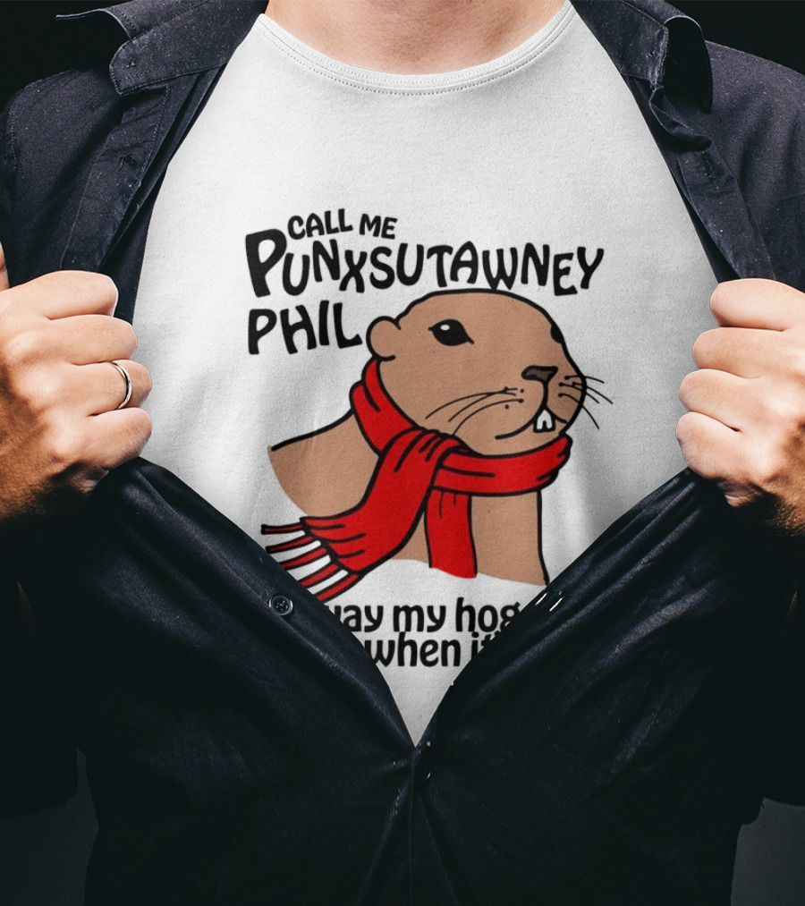 Call Me Punxsutawney Phil The Way My Hog Goes Inside When It's Cold Red Scarf Groundhog T-Shirt