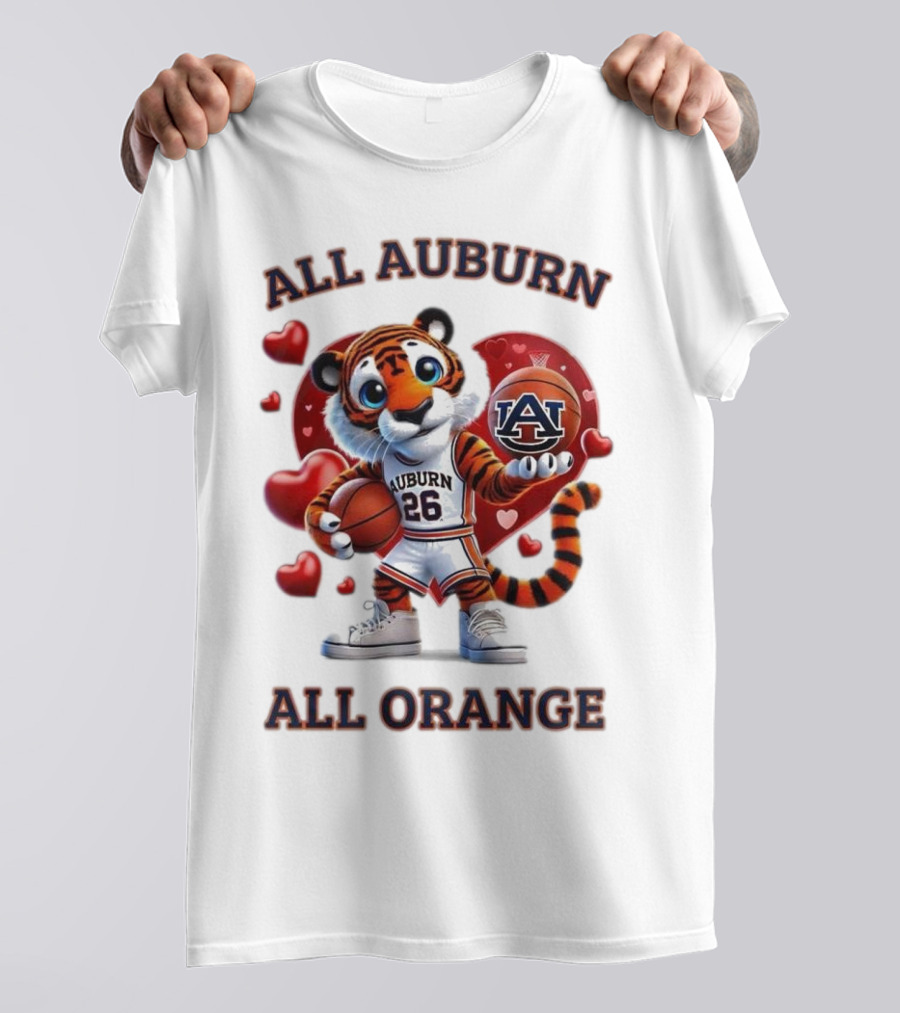 All Auburn All Orange Auburn Tigers Basketball Mascot Hearts T-Shirt