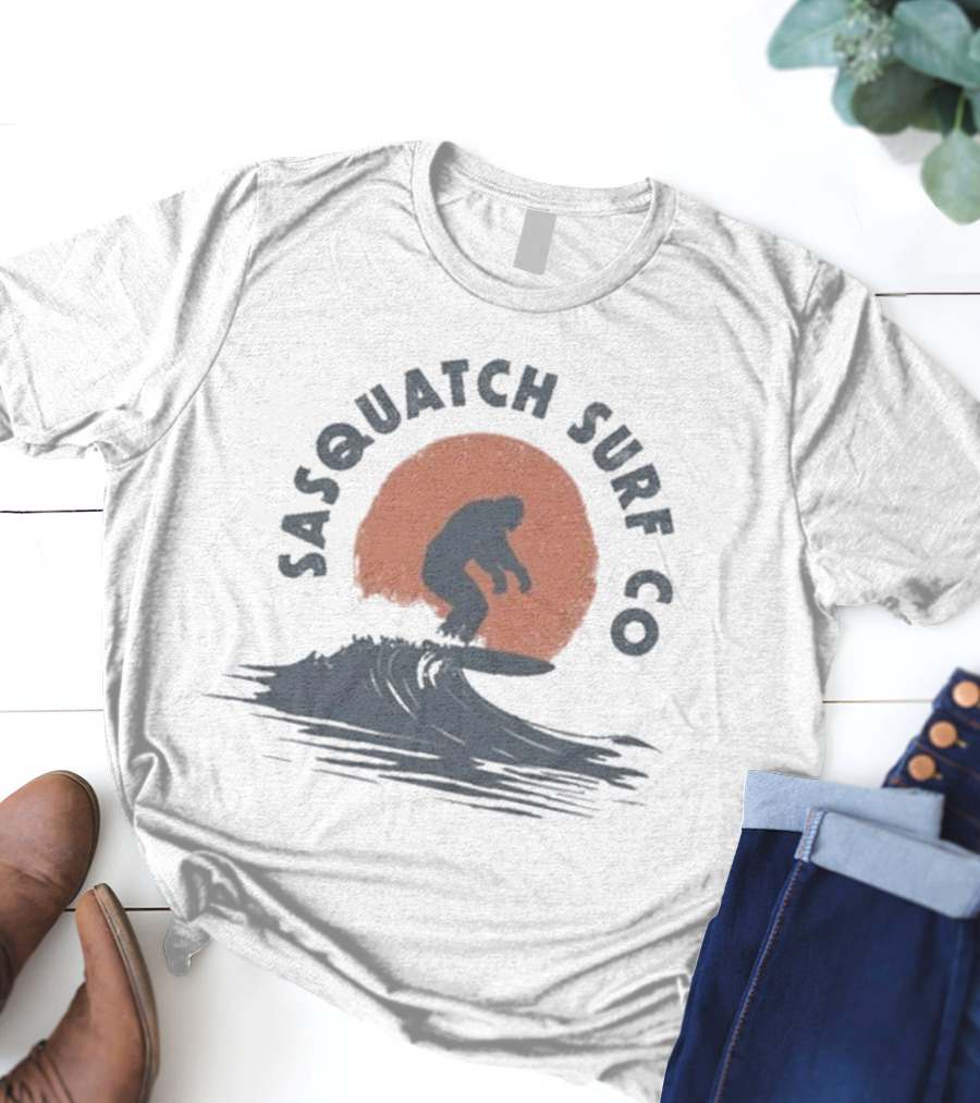 Sasquatch Surf Co Blurry Creatures Surfing Bigfoot Wave Sunset T-Shirt