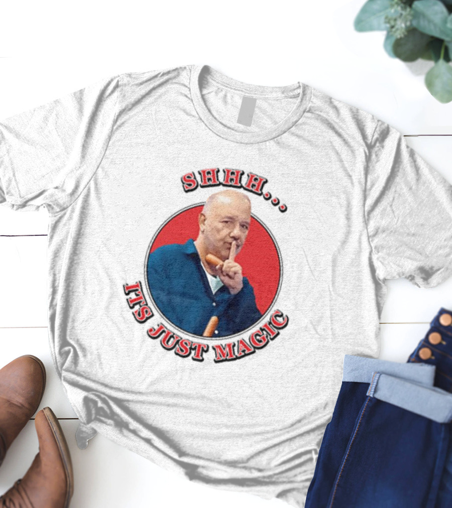 Bob Mortimer Shhh It's Just Magic Finger Gesture Silence Humor T-Shirt