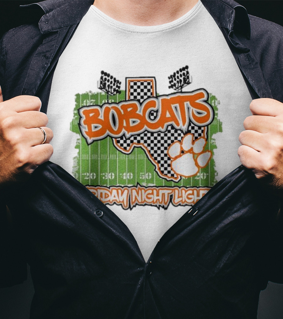 Bobcats Friday Night Lights Texas Football Paw Print Field Checkerboard T-Shirt