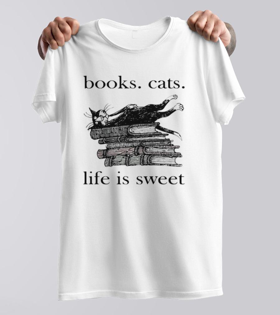 Books Cats Life Is Sweet Relaxing Cat On Stacked Books With Coffee Cup T-Shirt