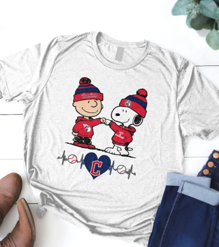 Charlie Brown Snoopy Cleveland Guardians Heartbeat Guardians Cap And T-Shirt