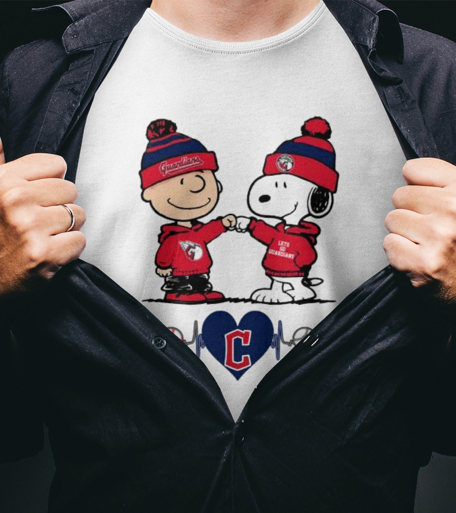 Charlie Brown Snoopy Cleveland Guardians Heartbeat Guardians Cap And T-Shirt