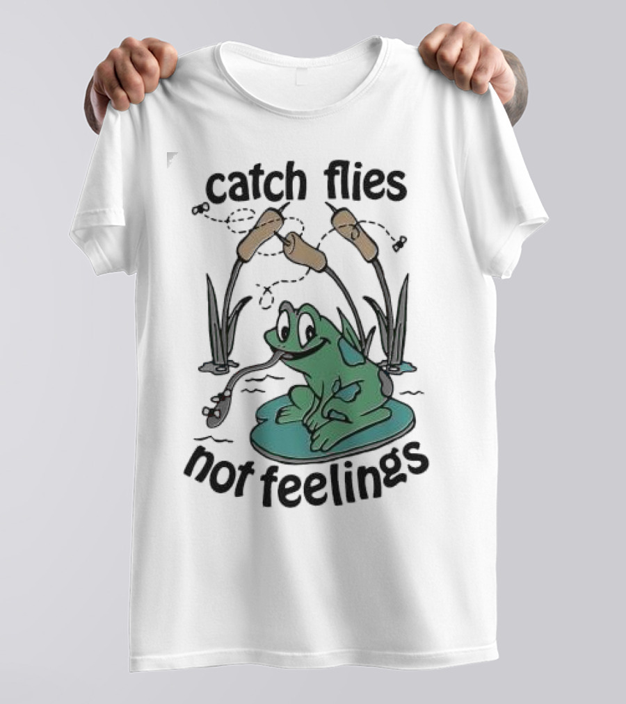 Catch Flies Not Feelings Frog On Lily Pad With Swirling Flies T-Shirt