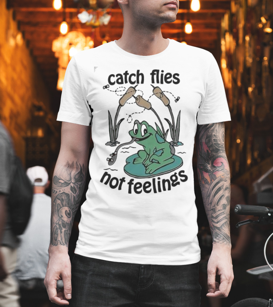 Catch Flies Not Feelings Frog On Lily Pad With Swirling Flies T-Shirt