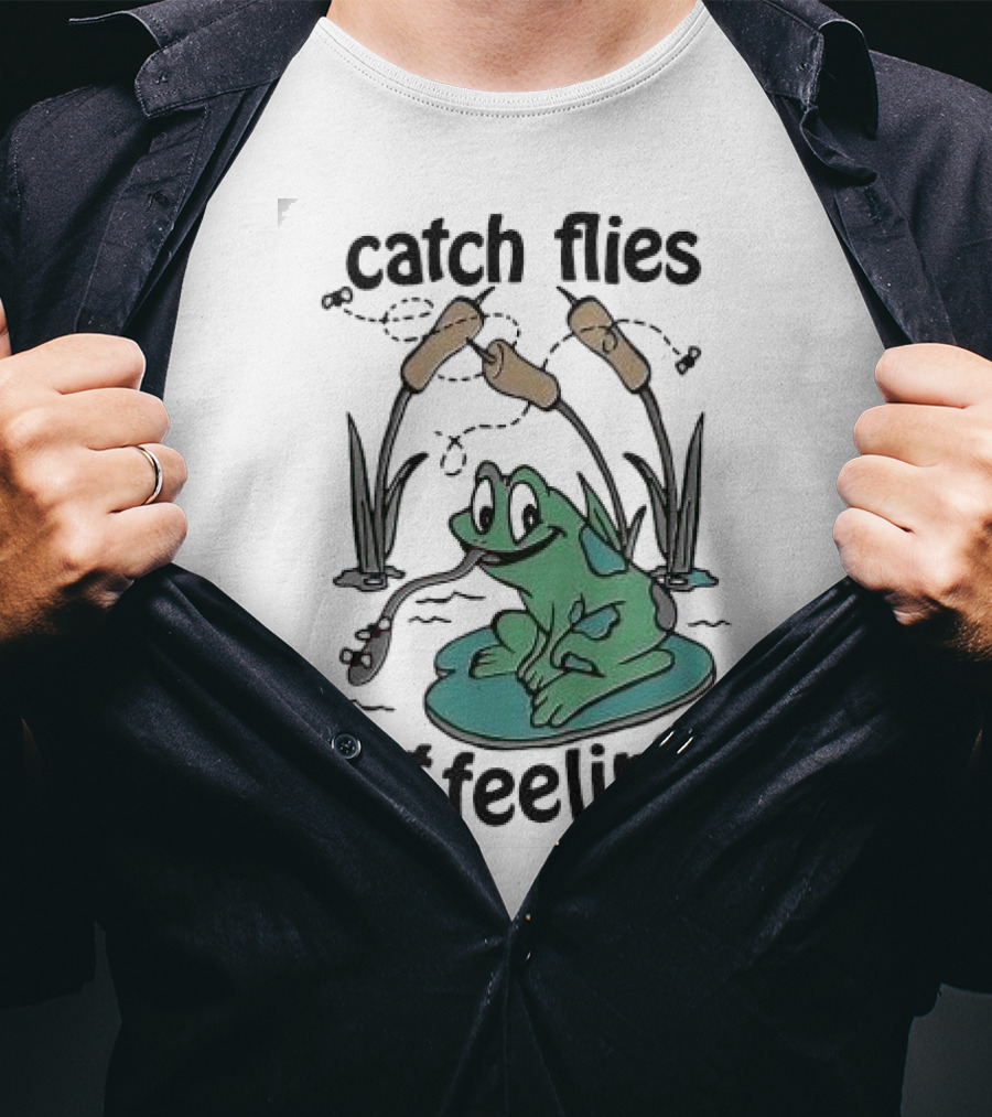 Catch Flies Not Feelings Frog On Lily Pad With Swirling Flies T-Shirt