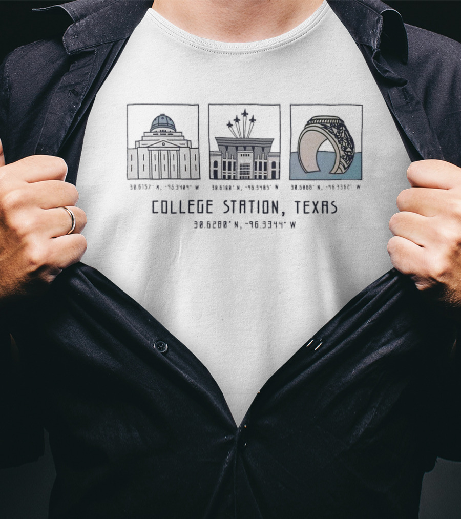 College Station Texas Landmark Icons With Latitude And Longitude Coordinates T-Shirt