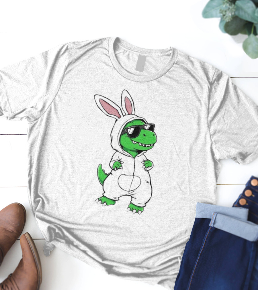 Cool Dino Wearing Easter Bunny Rabbit Costume With Sunglasses T-Shirt