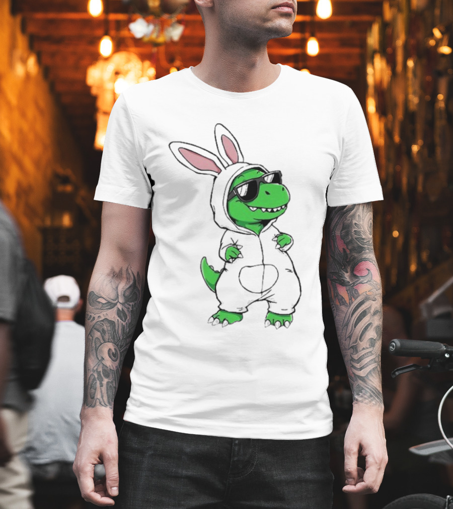 Cool Dino Wearing Easter Bunny Rabbit Costume With Sunglasses T-Shirt