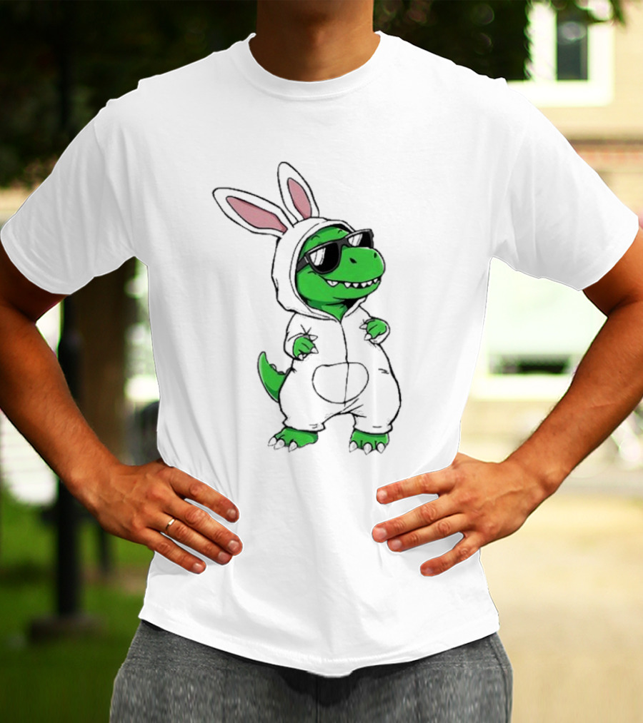 Cool Dino Wearing Easter Bunny Rabbit Costume With Sunglasses T-Shirt