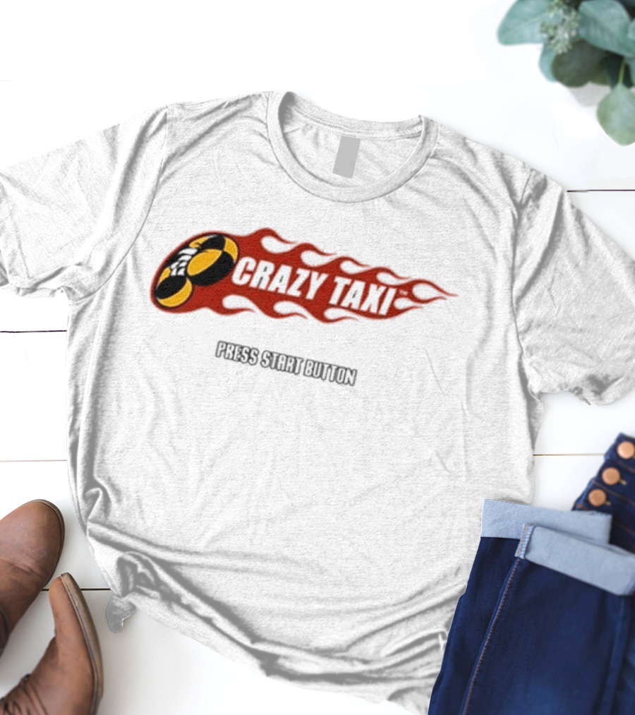 Crazy Taxi Press Start Button Iconic Video Game Flames Graphic T-Shirt