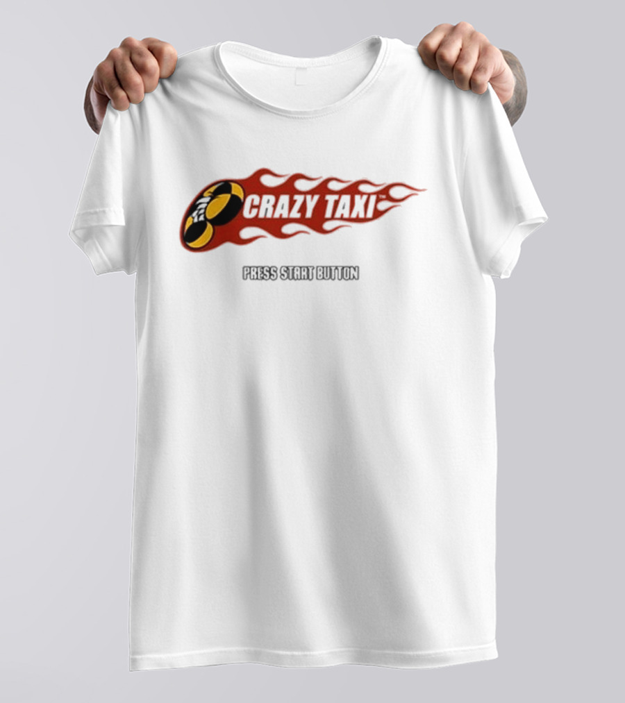 Crazy Taxi Press Start Button Iconic Video Game Flames Graphic T-Shirt