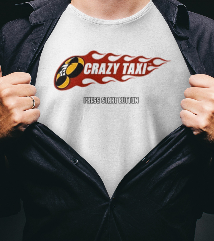 Crazy Taxi Press Start Button Iconic Video Game Flames Graphic T-Shirt
