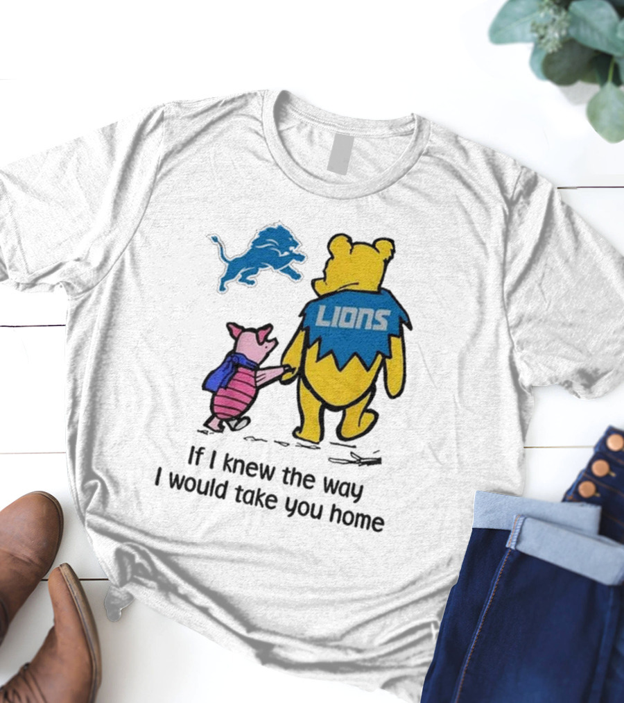 Detroit Lions Winnie The Pooh Piglet Walking Holding Hands T-Shirt