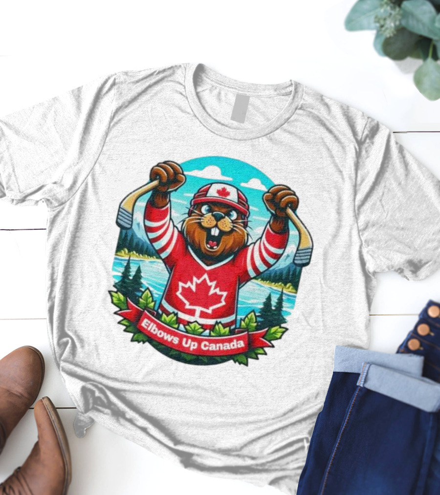 Elbows Up Canada Beaver Mascot Hockey Celebration Canadian Maple Leaf Forest T-Shirt