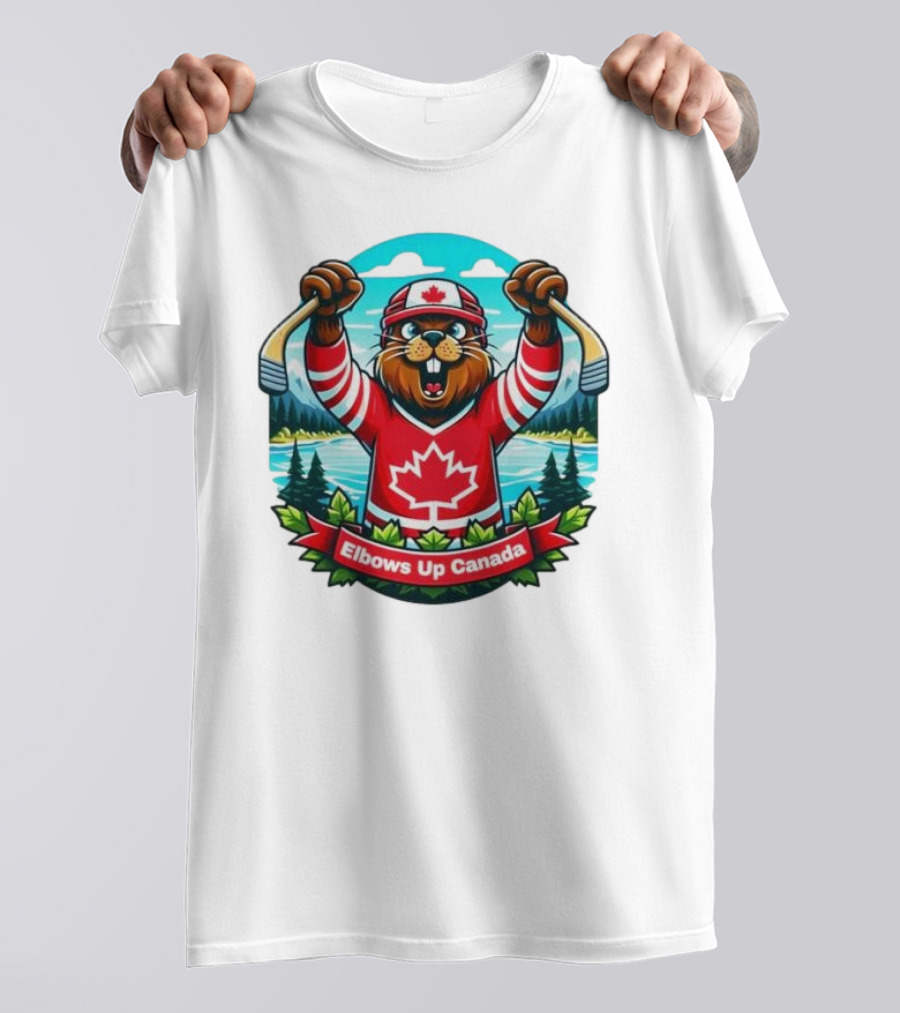 Elbows Up Canada Beaver Mascot Hockey Celebration Canadian Maple Leaf Forest T-Shirt