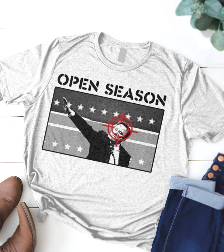 Unrecognizable Figure With Target Overlay Open Season Text T-Shirt