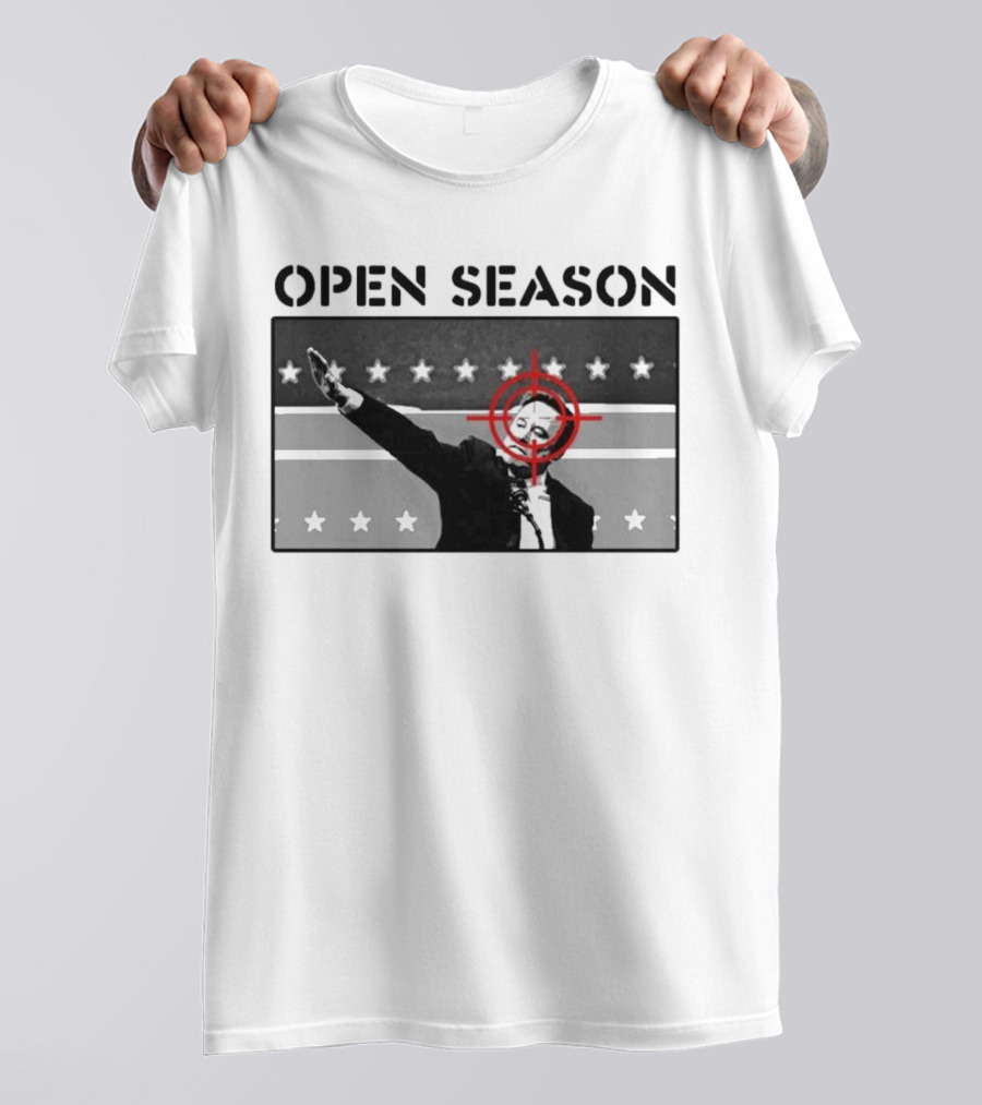 Unrecognizable Figure With Target Overlay Open Season Text T-Shirt