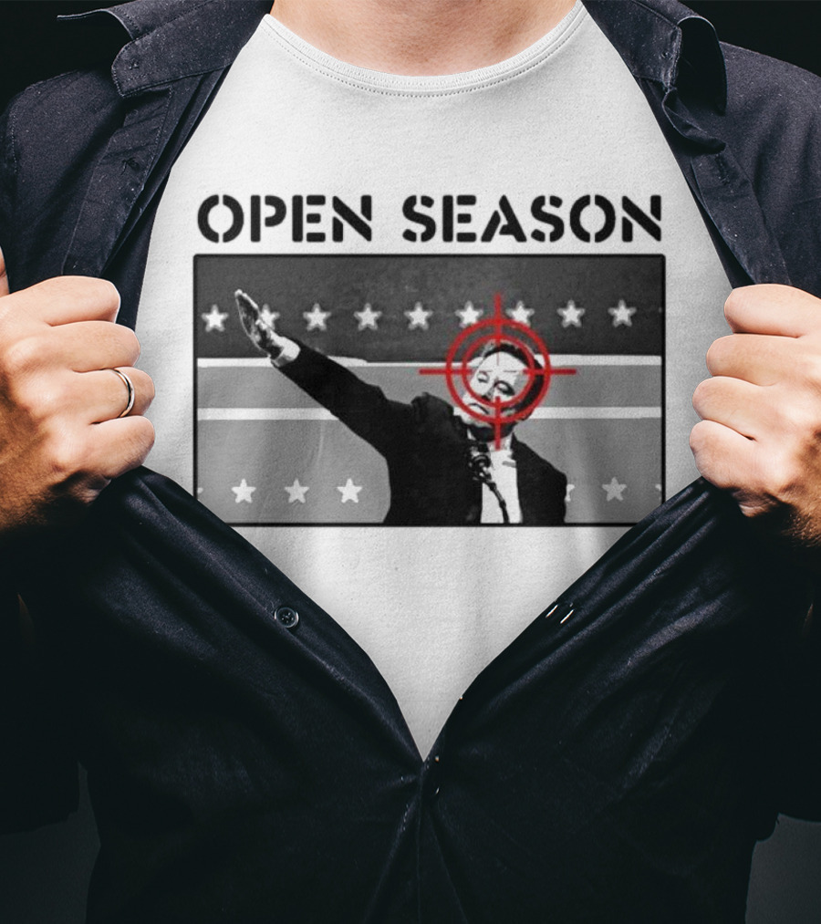 Unrecognizable Figure With Target Overlay Open Season Text T-Shirt