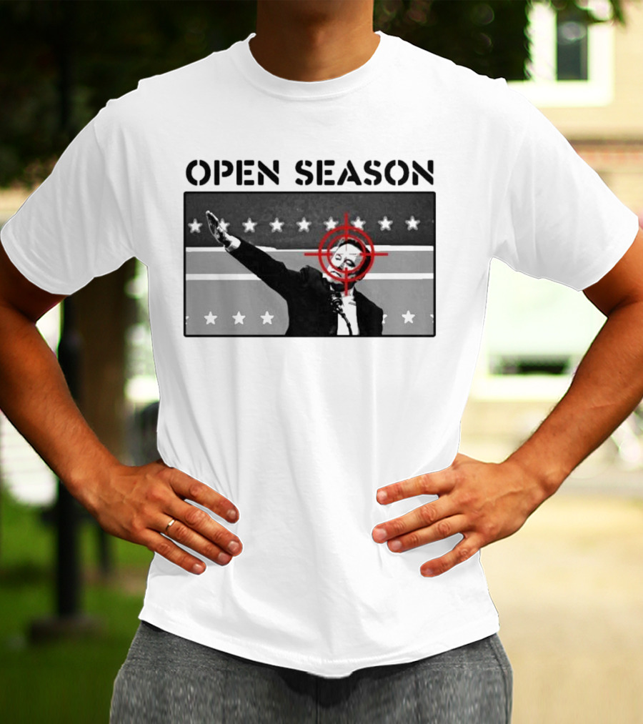 Unrecognizable Figure With Target Overlay Open Season Text T-Shirt