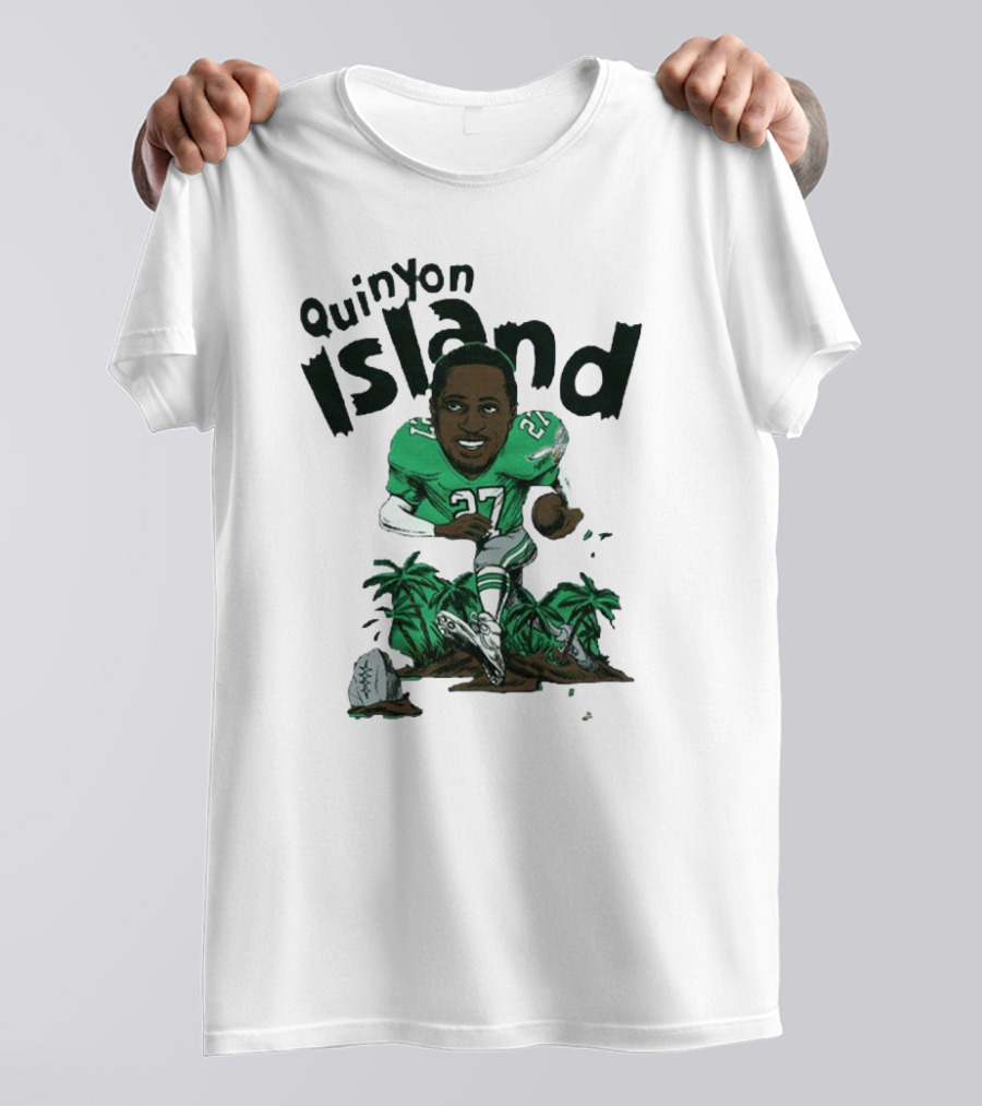 Quinyon Island Eagle 27 Football Player Running With Palm Trees And Rocks T-Shirt