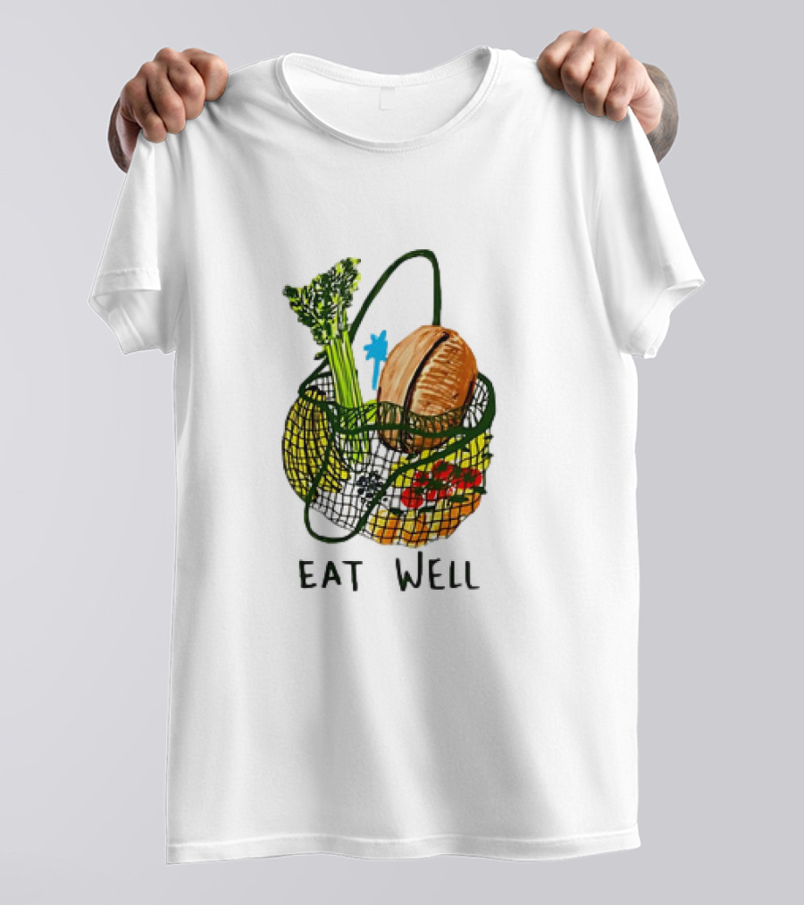 Eat Well Groceries In Mesh Bag With Baguette Broccoli Tomato T-Shirt