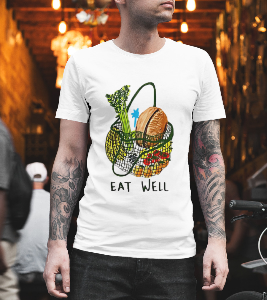 Eat Well Groceries In Mesh Bag With Baguette Broccoli Tomato T-Shirt