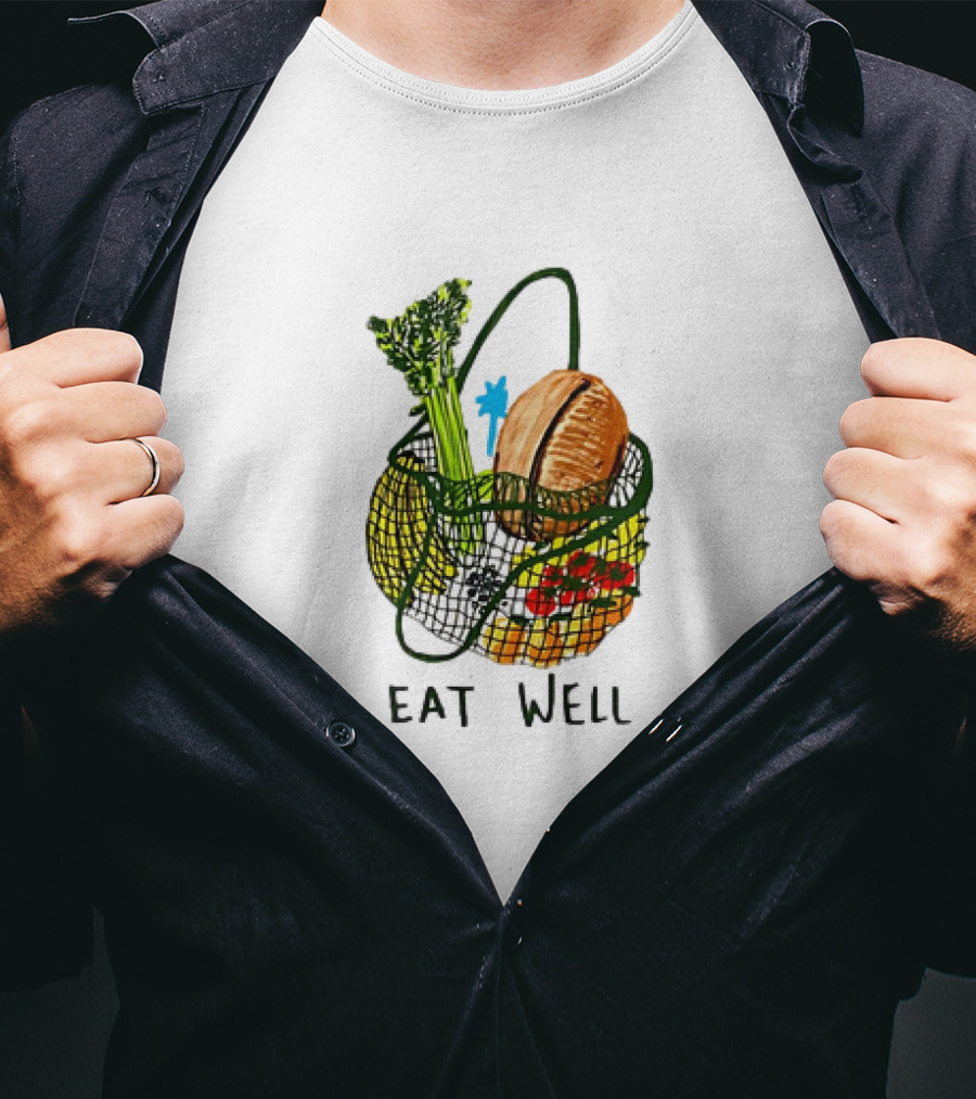 Eat Well Groceries In Mesh Bag With Baguette Broccoli Tomato T-Shirt