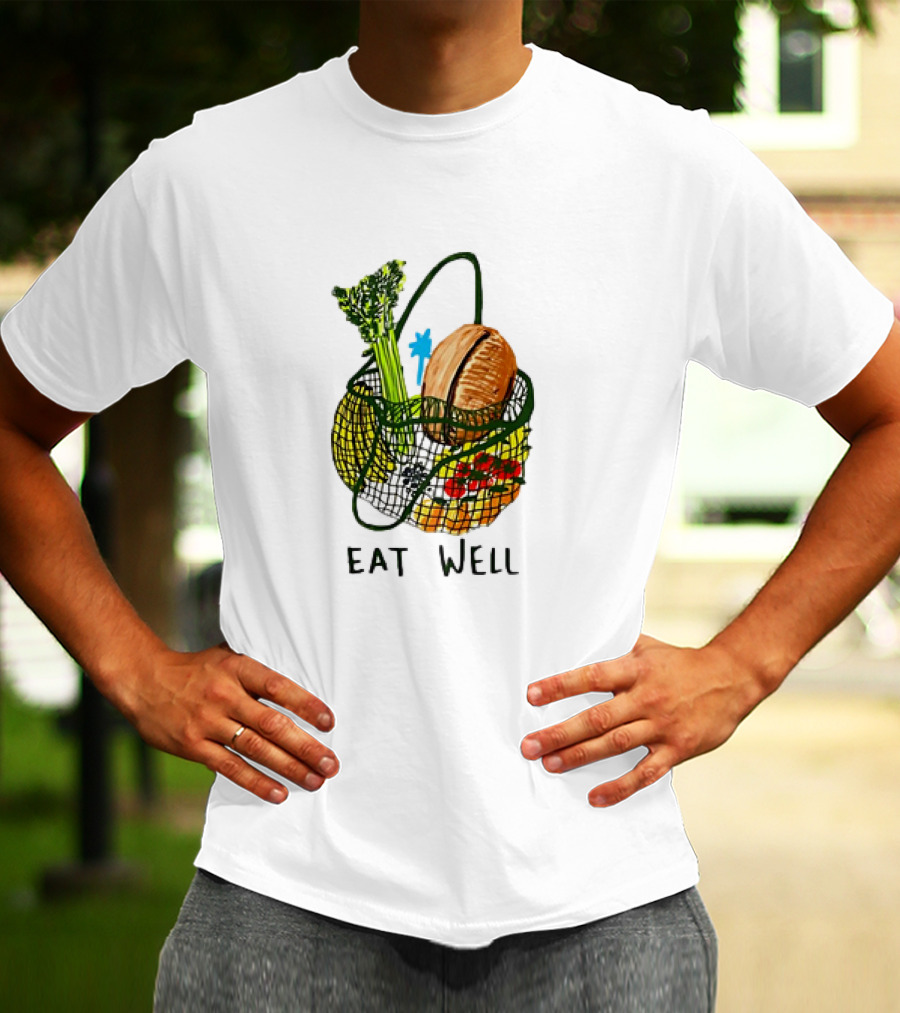 Eat Well Groceries In Mesh Bag With Baguette Broccoli Tomato T-Shirt
