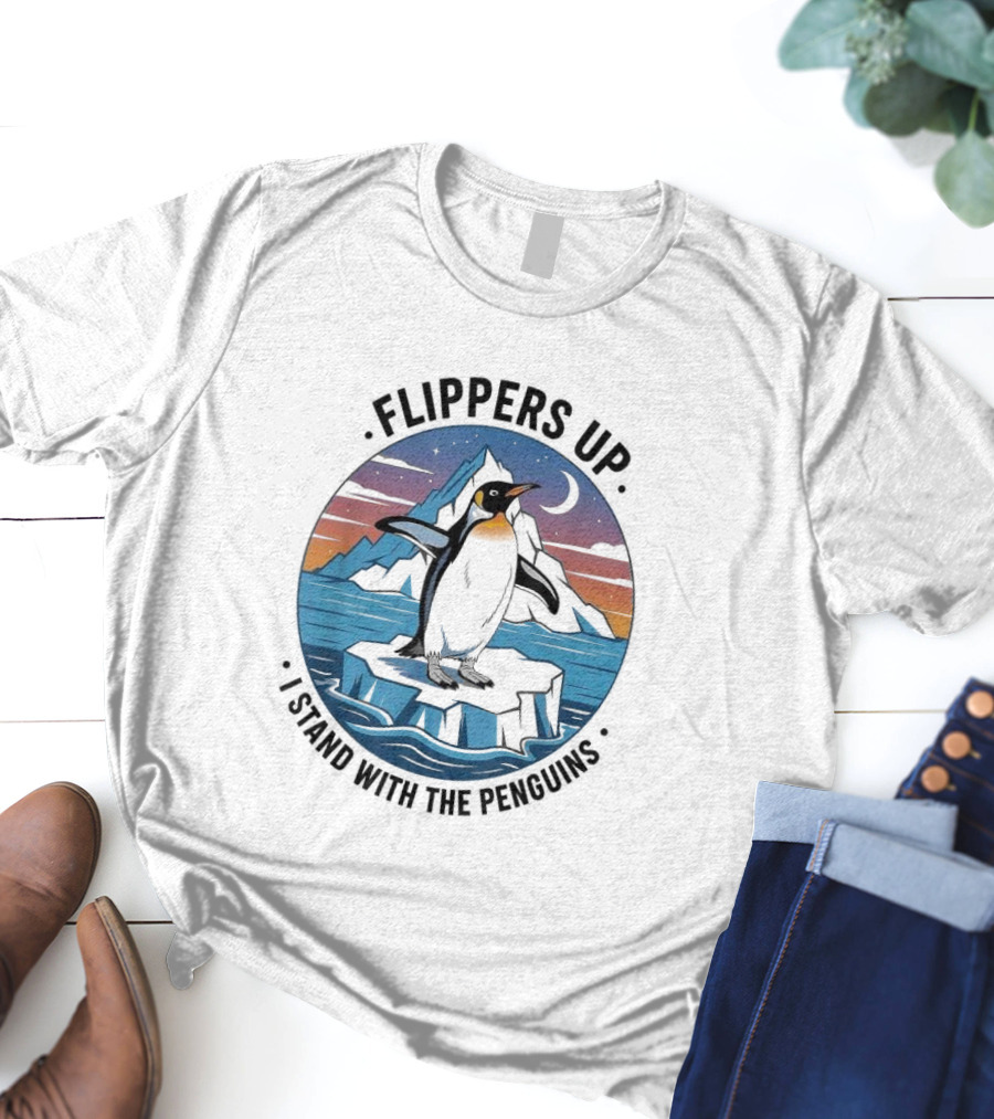 Flippers Up I Stand With The Penguins Iceberg Sunset Scene T-Shirt