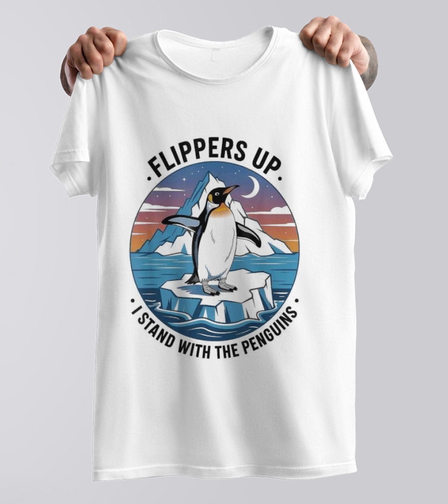 Flippers Up I Stand With The Penguins Iceberg Sunset Scene T-Shirt