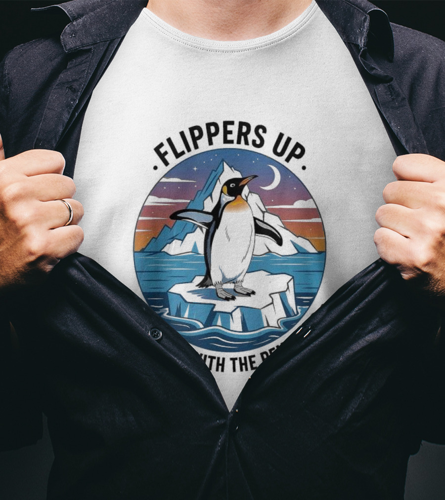 Flippers Up I Stand With The Penguins Iceberg Sunset Scene T-Shirt