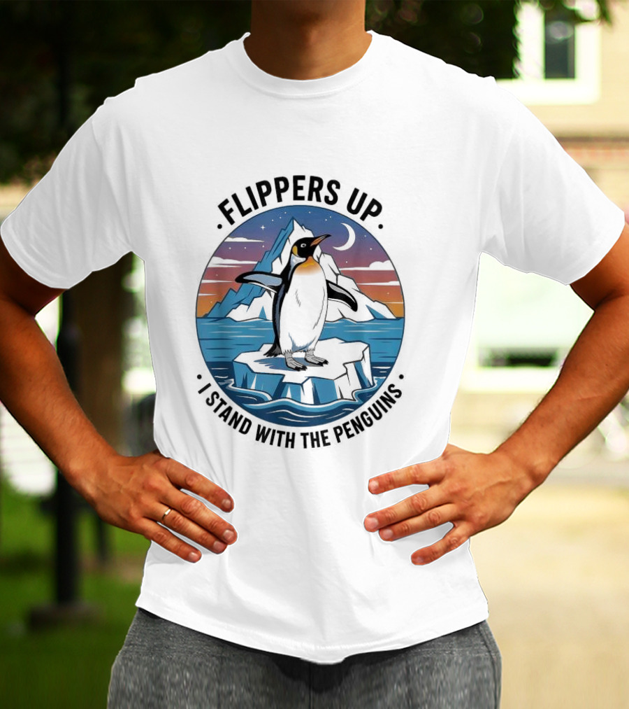 Flippers Up I Stand With The Penguins Iceberg Sunset Scene T-Shirt
