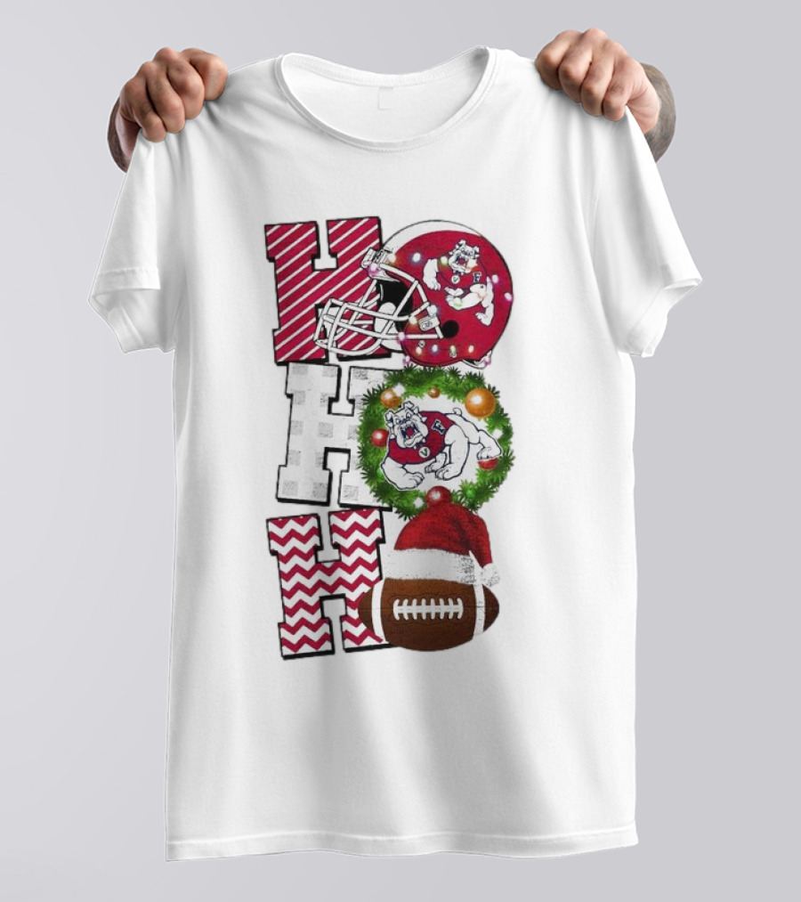 Fresno State Bulldogs Football Christmas Helmet Wreath Santa Hat Rugby T-Shirt