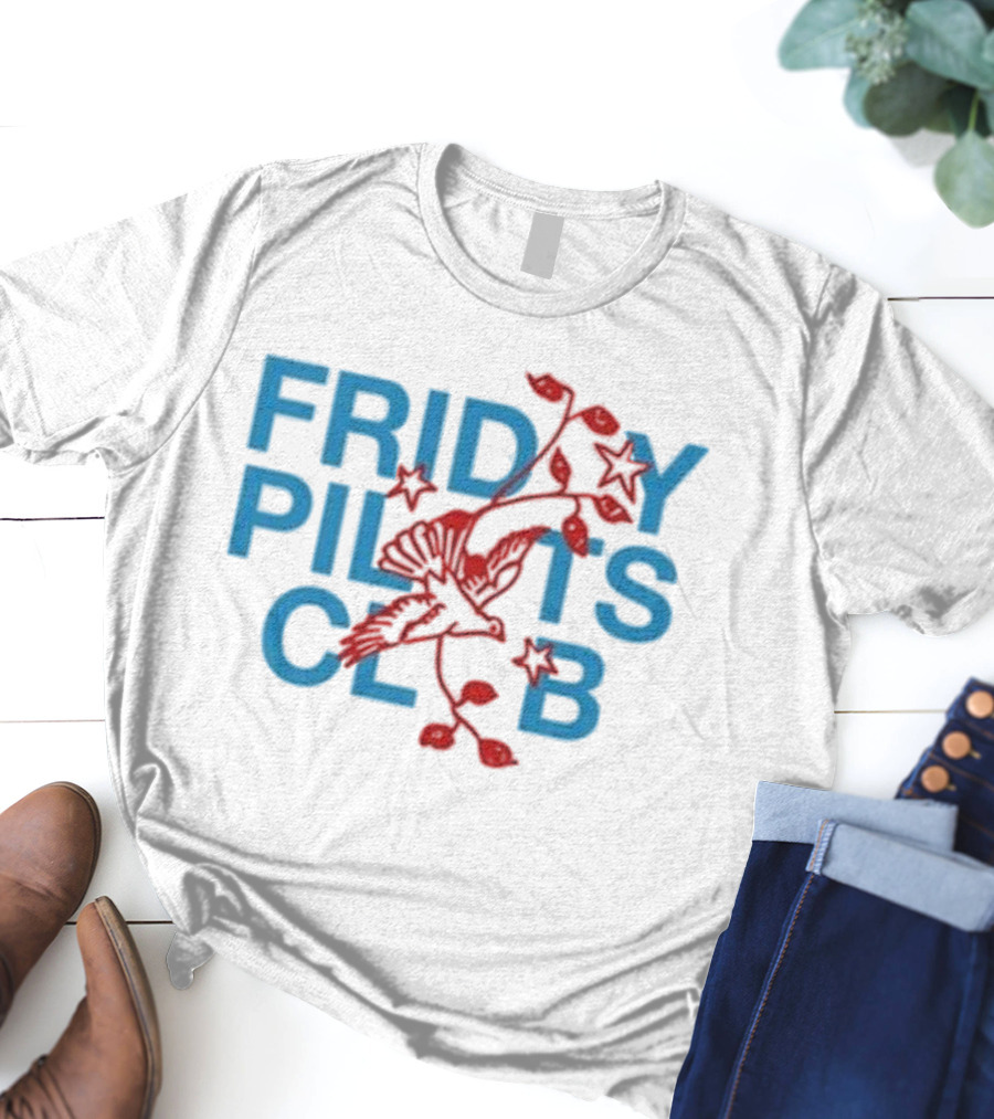 Friday Pilots Club Dove Red Bird Flowers Blue Text T-Shirt