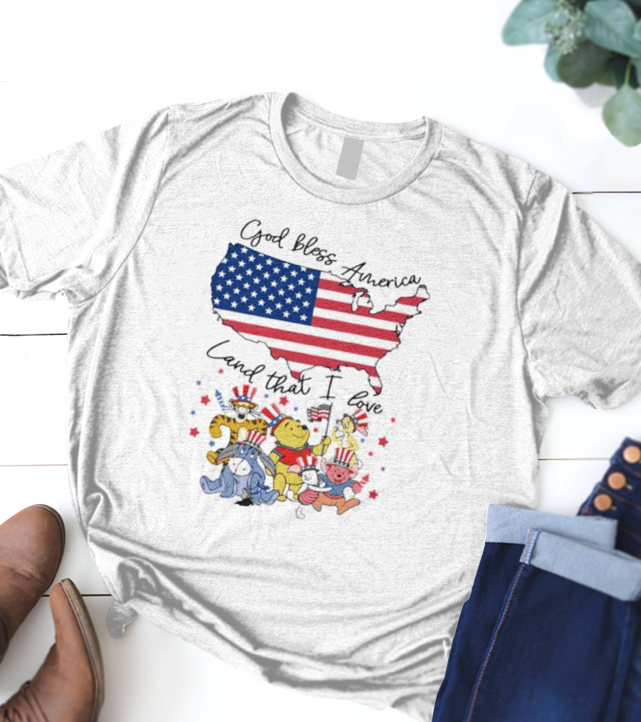 God Bless America Land That I Love Winnie The Pooh USA Flag T-Shirt