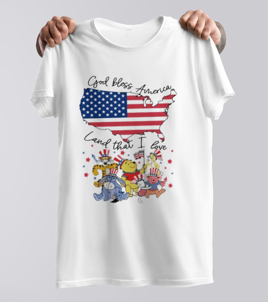 God Bless America Land That I Love Winnie The Pooh USA Flag T-Shirt